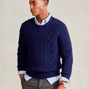 NWT POLO RALPH LAUREN Men’s SPECKLED ARAN-KNIT WOOL-BLEND SWEATER Navy Sz L